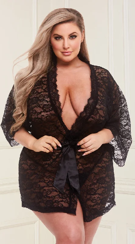 Plus Size Allover Lace and Satin Robe