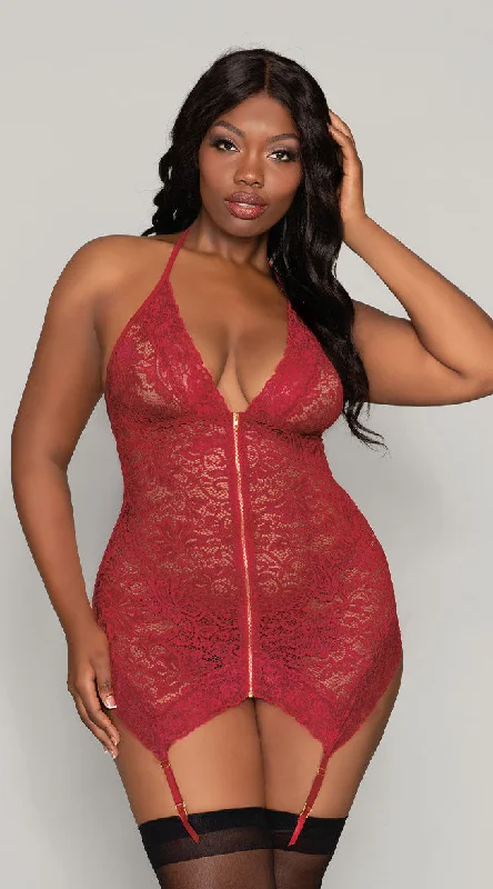 Plus Size Zipped Up Garnet Chemise Set